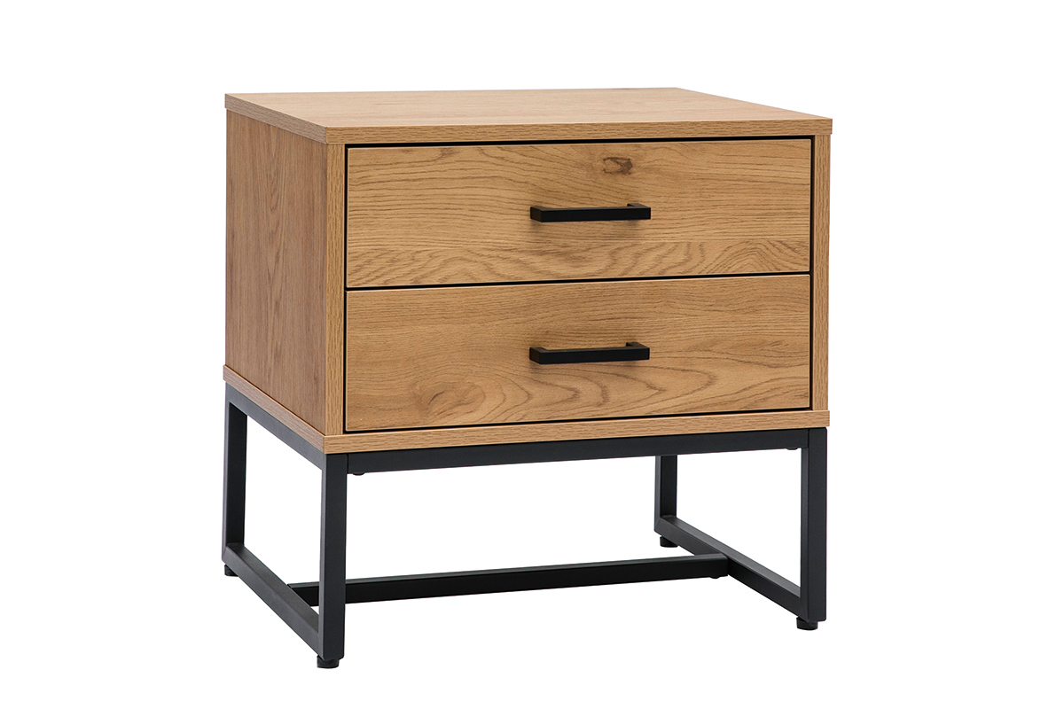 Table de chevet avec rangements 2 tiroirs finition bois clair ch�ne et m�tal noir LOVATO