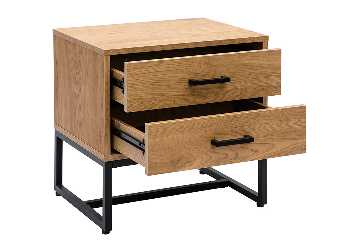 Table de chevet avec rangements 2 tiroirs finition bois clair ch�ne et m�tal noir LOVATO