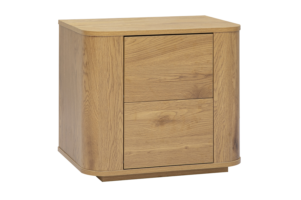 Table de chevet NEGAN en bois clair ch�ne, vue de 3/4 avec 2 tiroirs