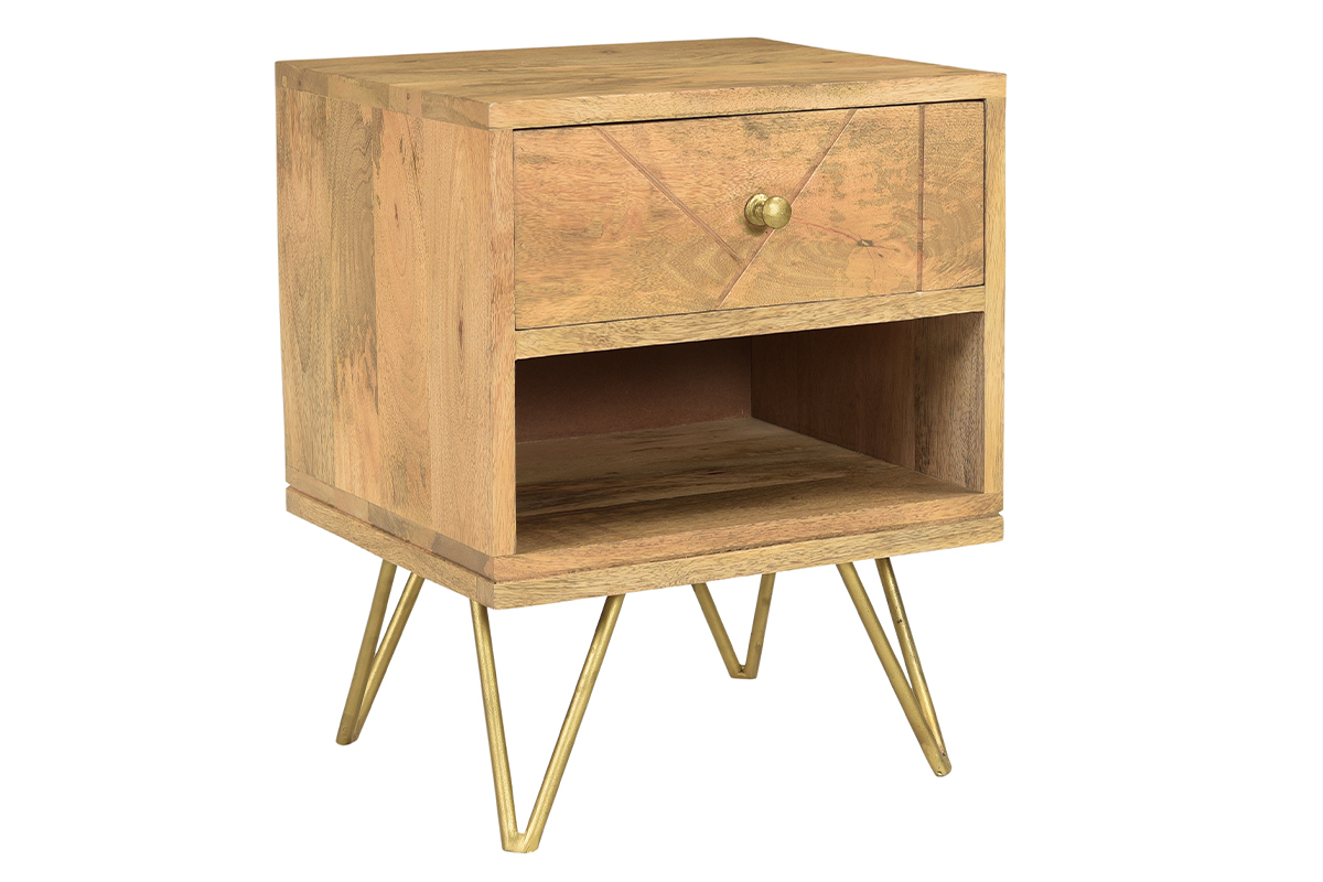 Table de chevet avec rangements bois manguier massif grav� et m�tal dor� LINIUM