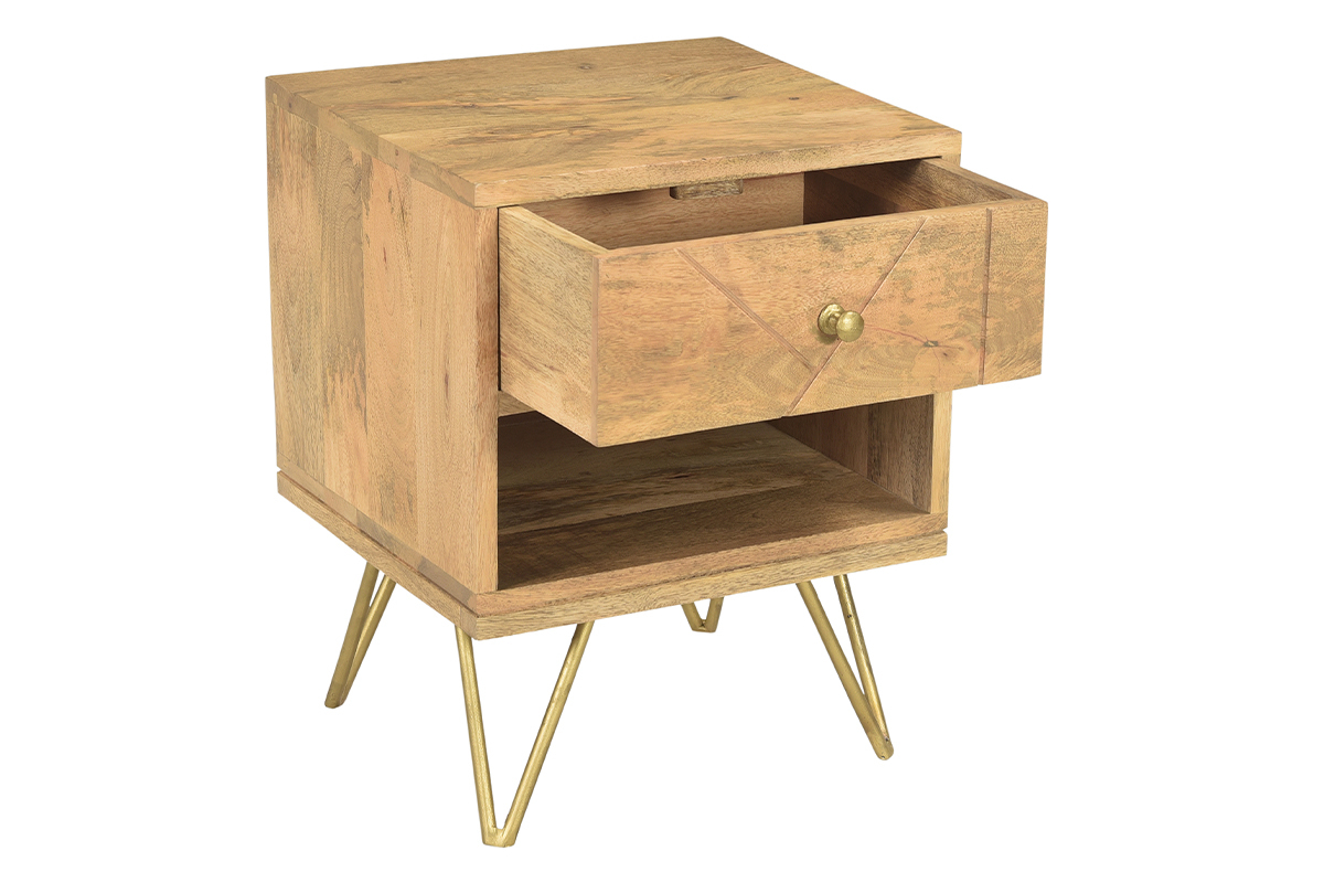 Table de chevet avec rangements bois manguier massif grav� et m�tal dor� LINIUM