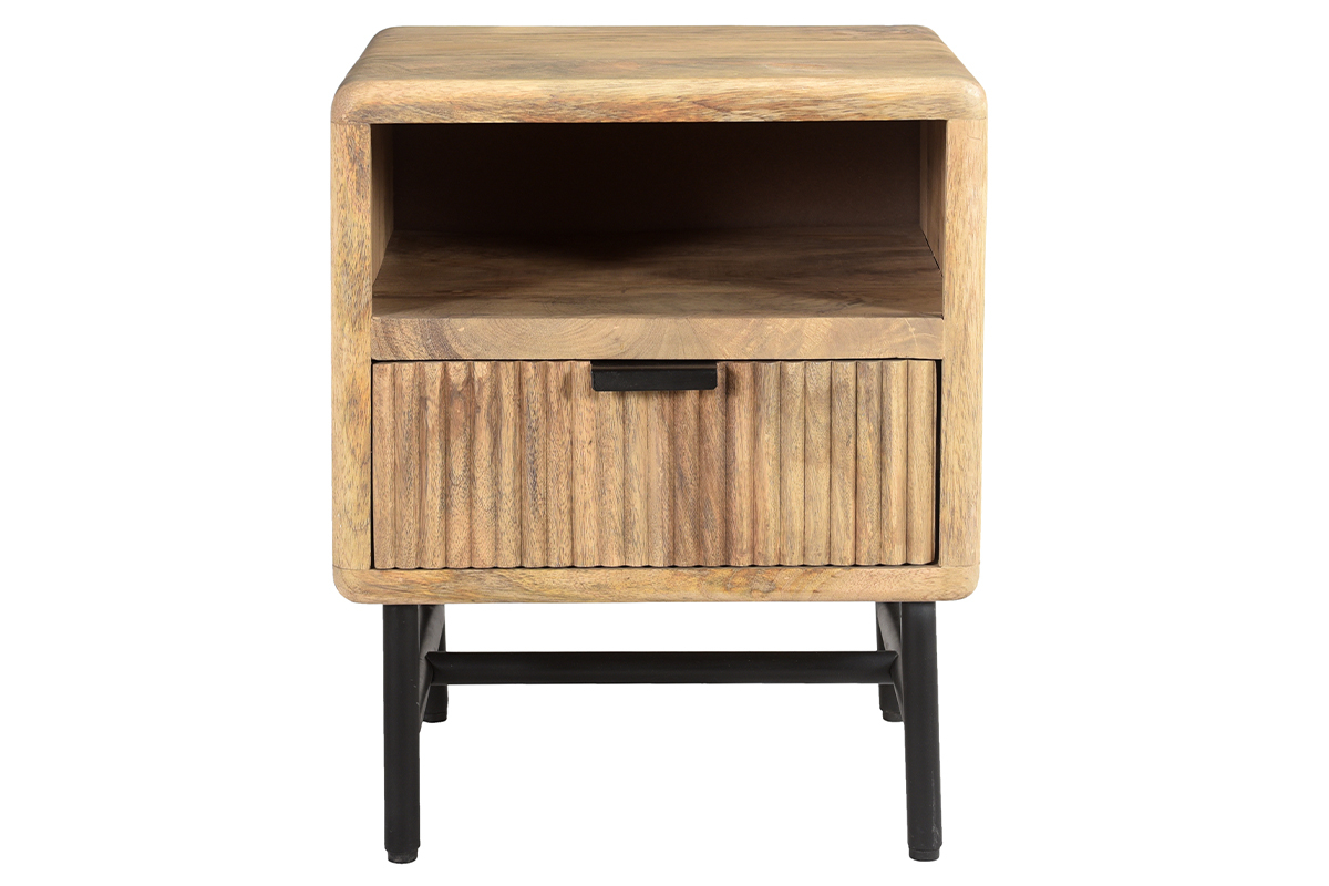 Table de chevet avec rangements bois manguier massif grav� et m�tal noir MORISSON