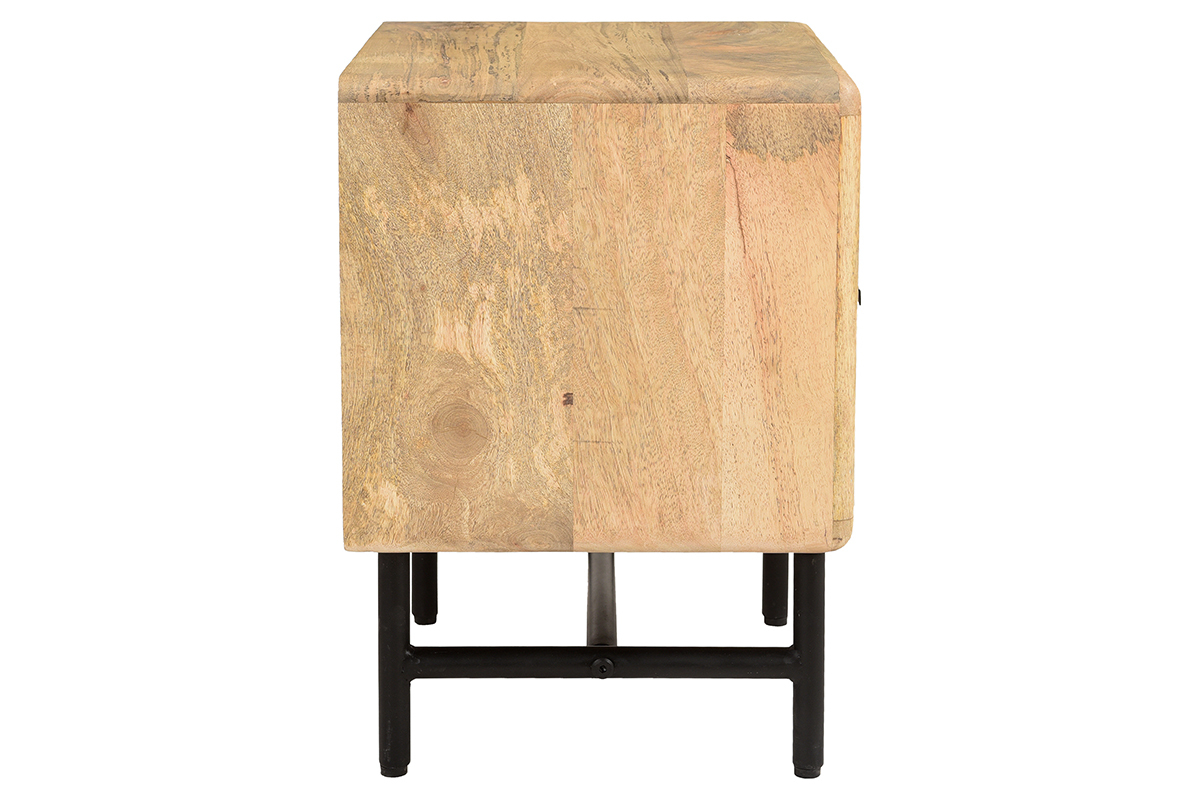 Table de chevet avec rangements bois manguier massif grav� et m�tal noir MORISSON