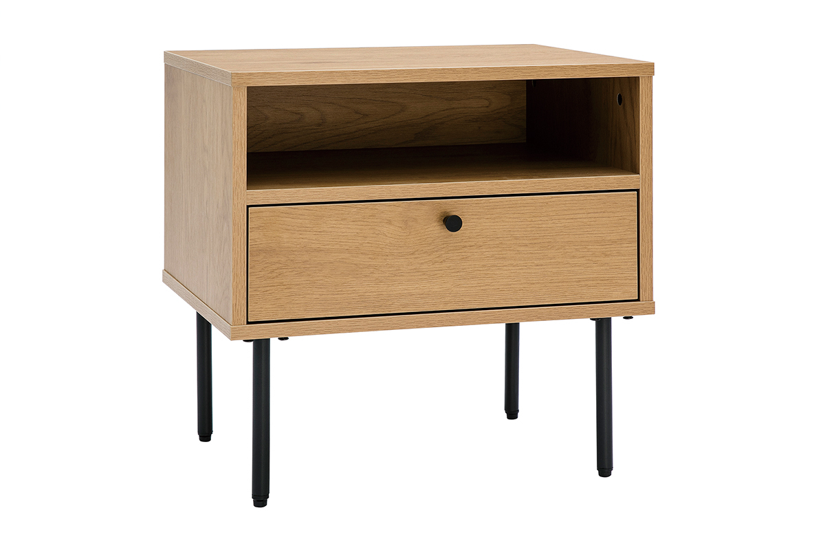 Table de chevet avec rangements finition bois clair ch�ne et m�tal noir PERNELLE