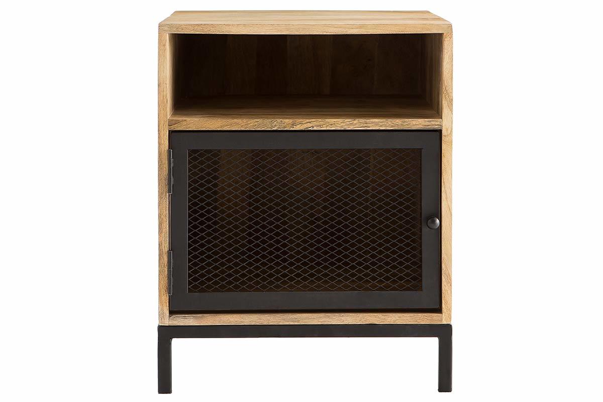 Table de chevet avec rangements industriel bois manguier massif et m�tal perfor� RACK