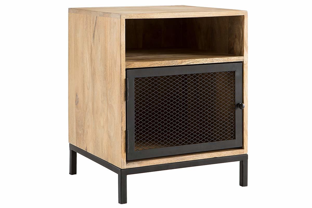 Table de chevet avec rangements industriel bois manguier massif et m�tal perfor� RACK