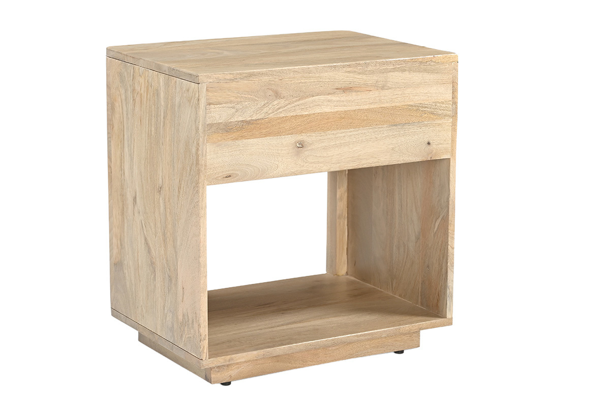 Table de chevet en bois clair manguier massif avec tiroir et niche ouverte, vue de c�t� arri�re.