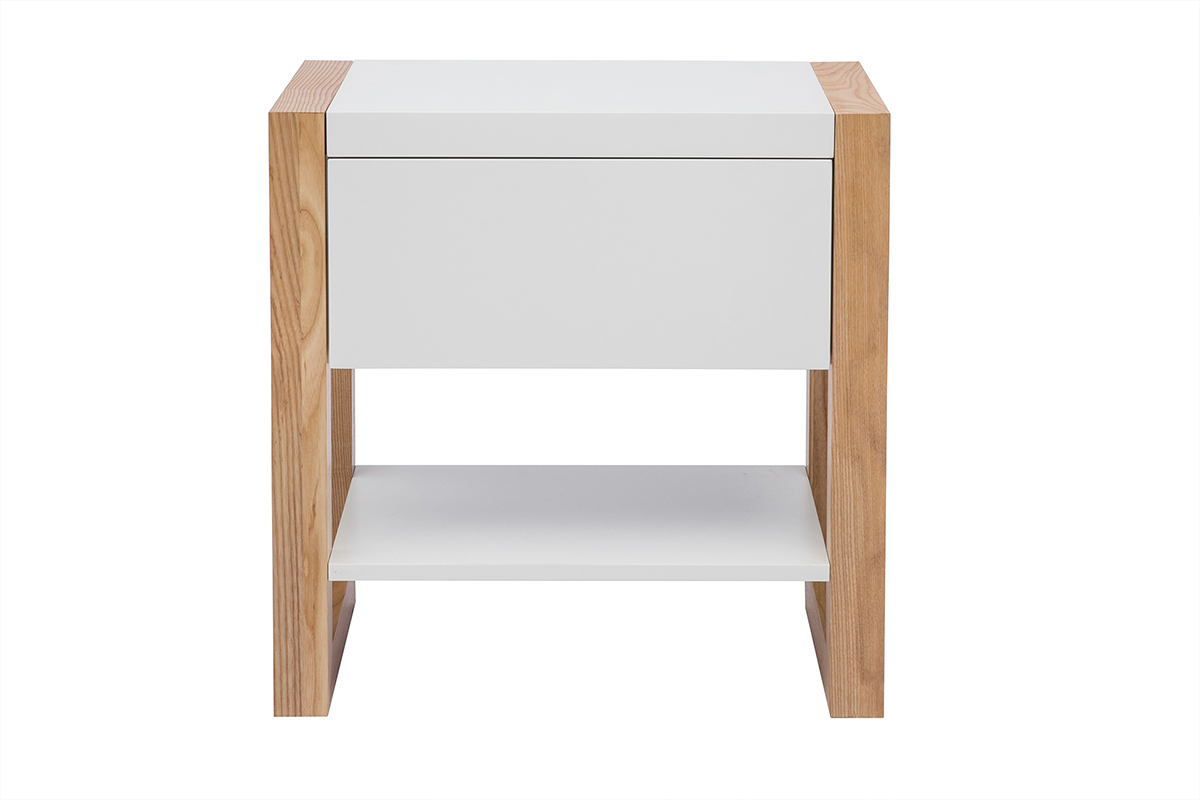 Table de chevet blanc et bois clair fr�ne massif ARMEL