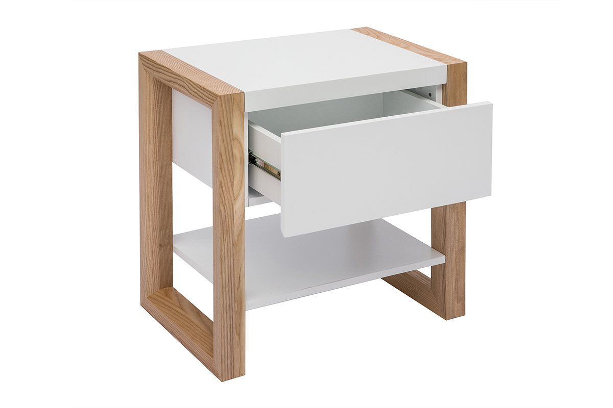 Table de chevet blanc et bois clair fr�ne massif ARMEL