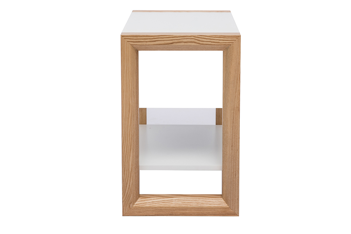 Table de chevet blanc et bois clair fr�ne massif ARMEL