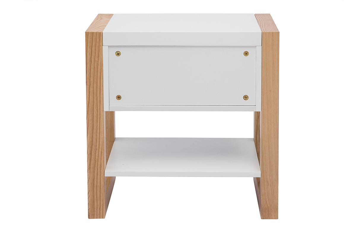 Table de chevet blanc et bois clair fr�ne massif ARMEL