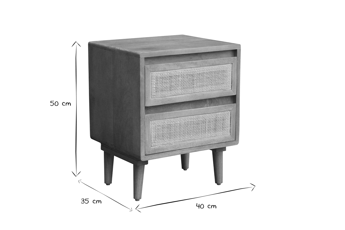 Table de chevet en bois manguier massif et cannage rotin avec rangements 2 tiroirs ACANGE