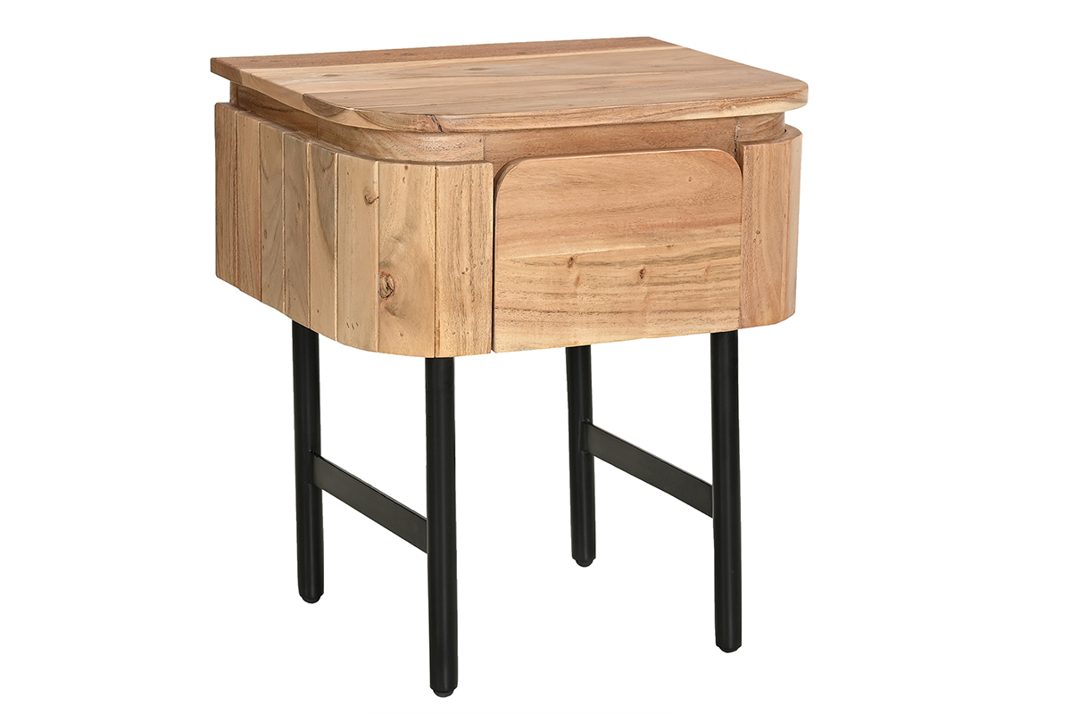 Table de chevet en bois massif et m�tal noir avec tiroir NAPOLI