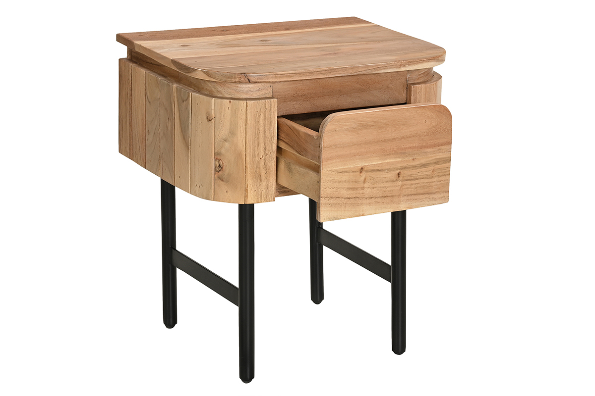 Table de chevet en bois massif et m�tal noir avec tiroir NAPOLI