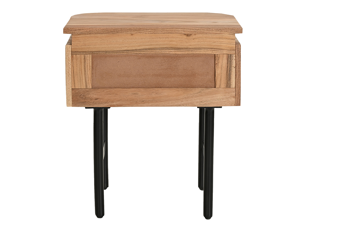 Table de chevet en bois massif et m�tal noir avec tiroir NAPOLI