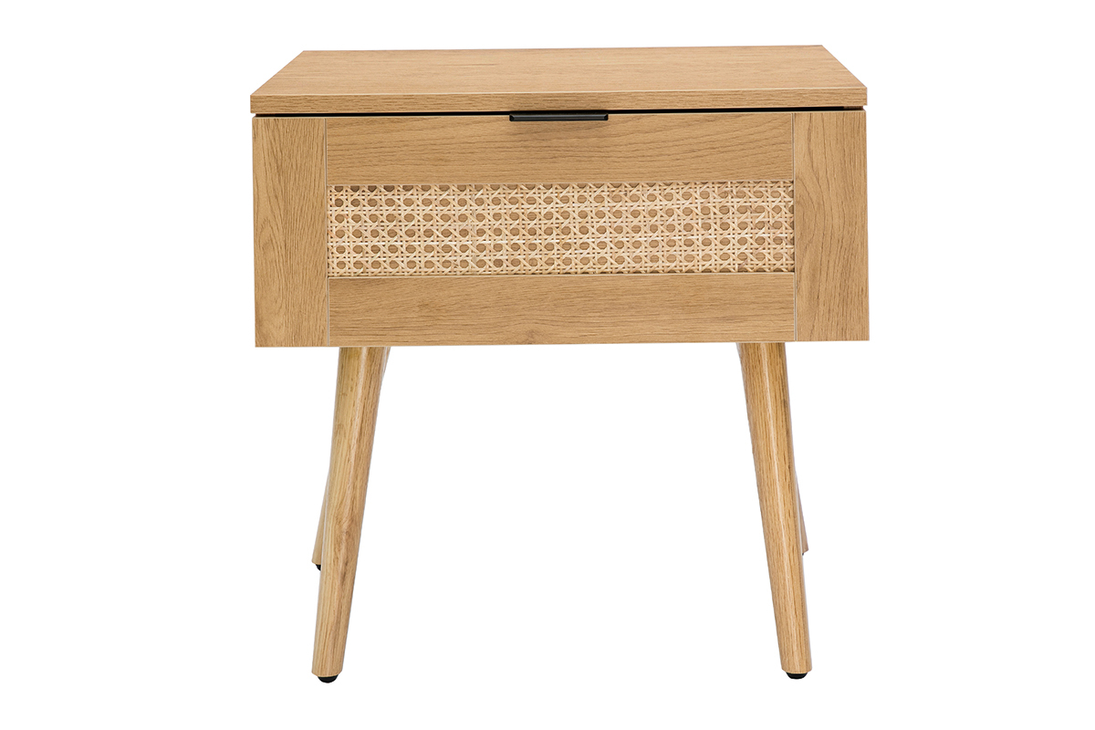 Table de chevet finition bois clair, cannage rotin et m�tal noir MANILLE