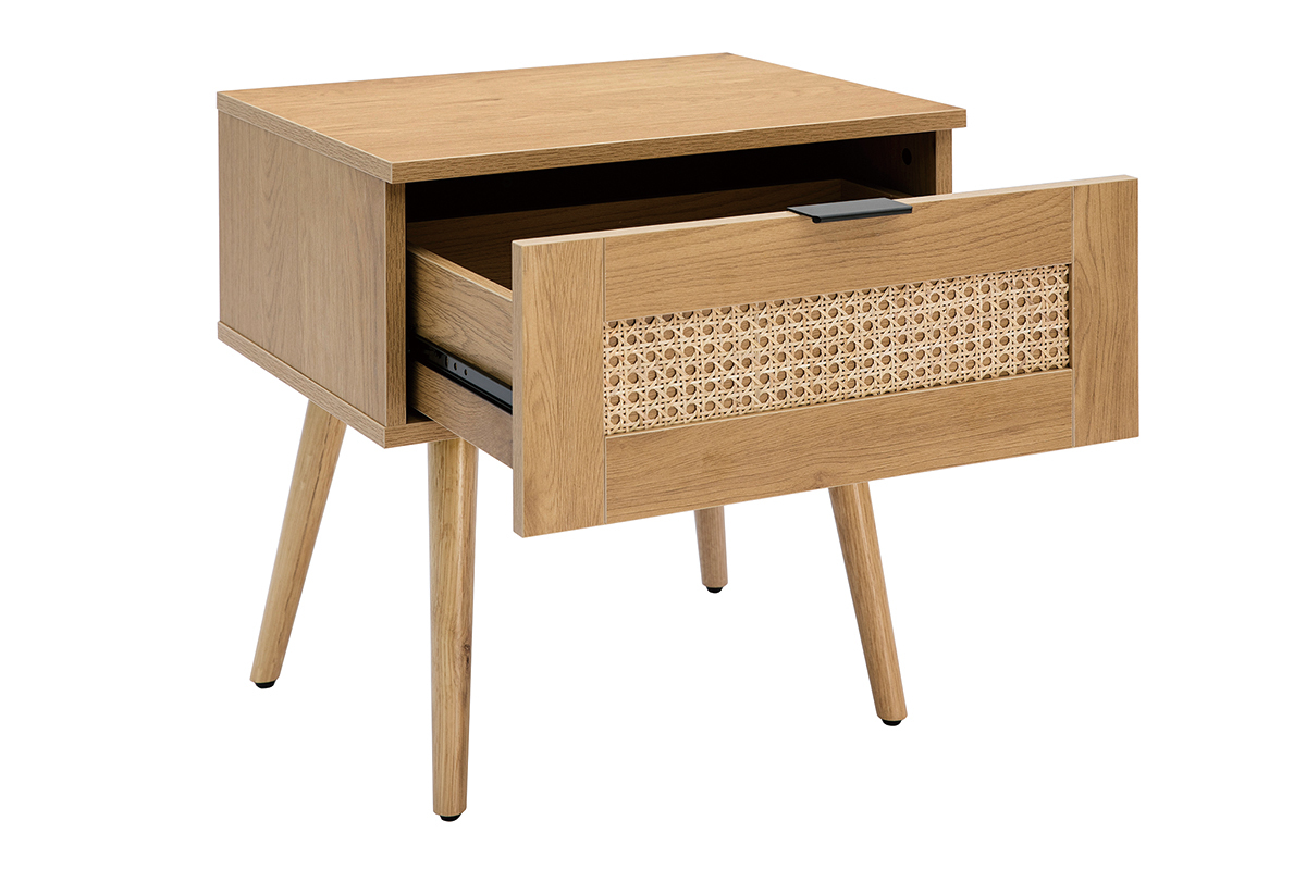 Table de chevet finition bois clair, cannage rotin et m�tal noir MANILLE