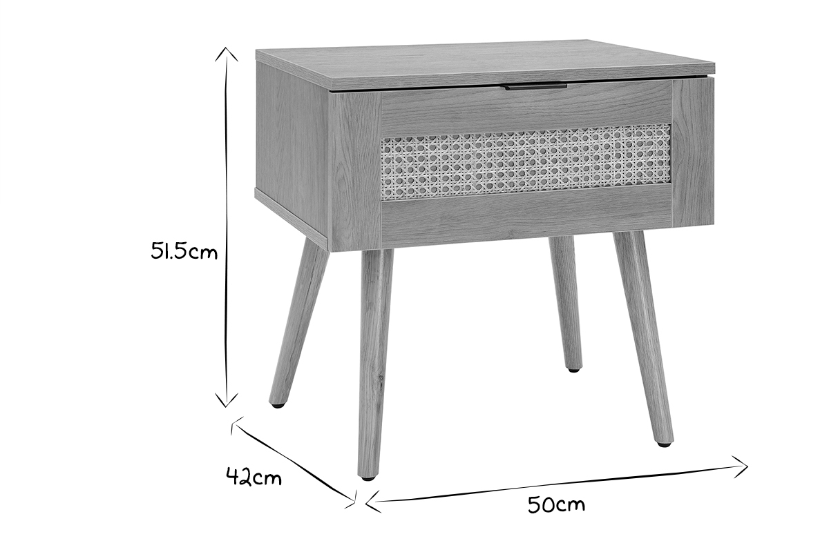 Table de chevet finition bois clair, cannage rotin et m�tal noir MANILLE