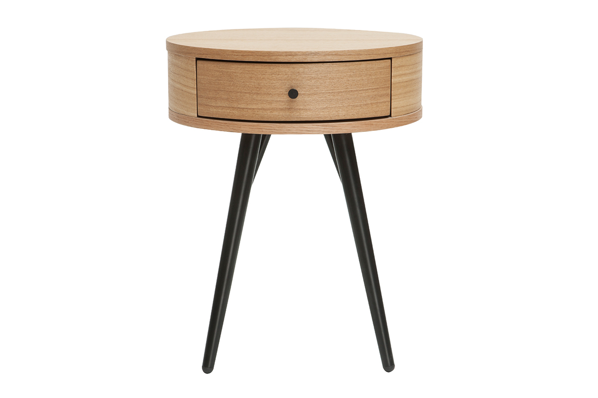 Table de chevet ronde avec tiroir bois clair et m�tal noir KORAL