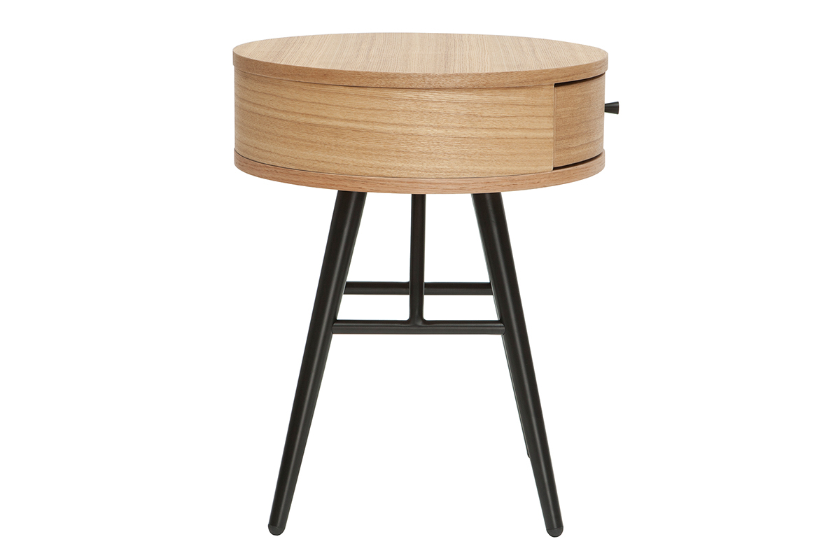 Table de chevet ronde avec tiroir bois clair et m�tal noir KORAL