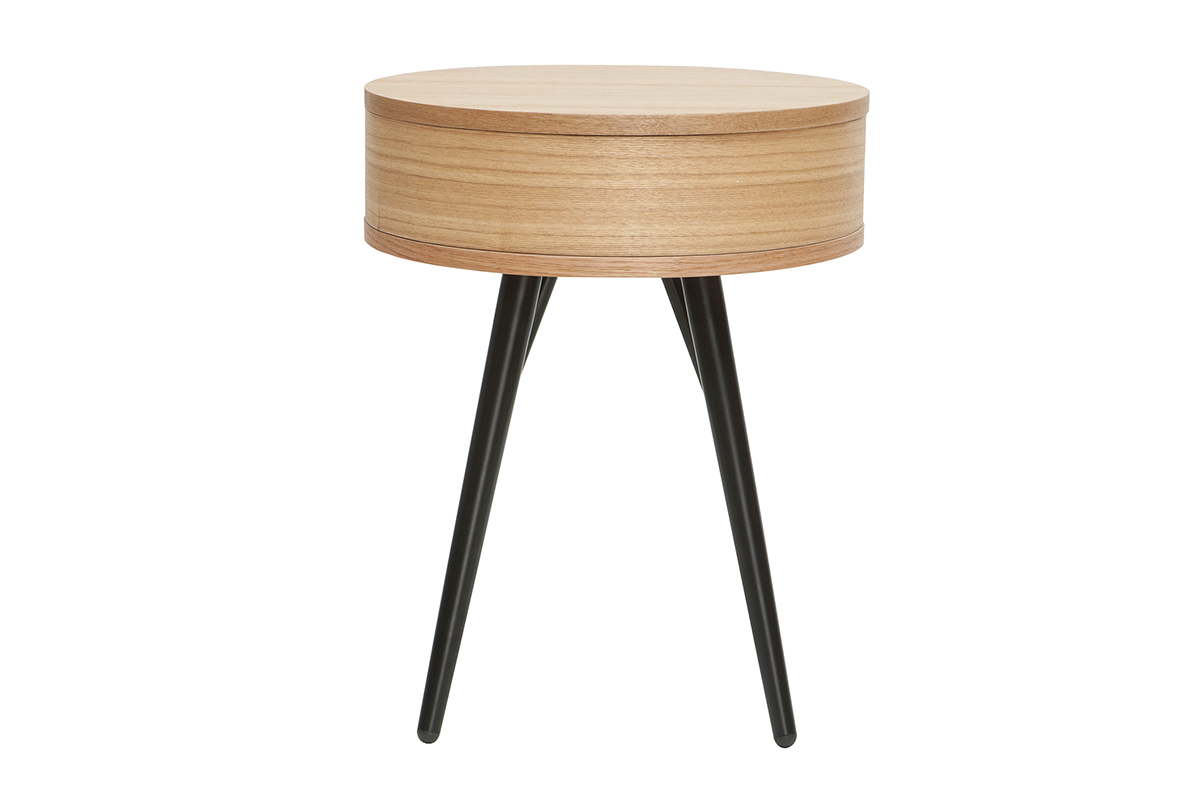 Table de chevet ronde avec tiroir bois clair et m�tal noir KORAL