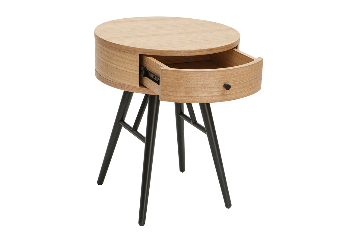 Table de chevet ronde avec tiroir bois clair et m�tal noir KORAL