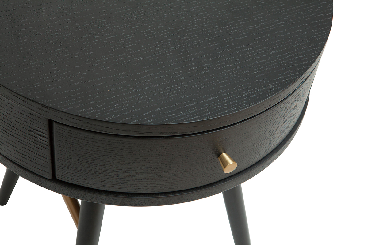 Table de chevet ronde avec tiroir bois et m�tal noir KORAL