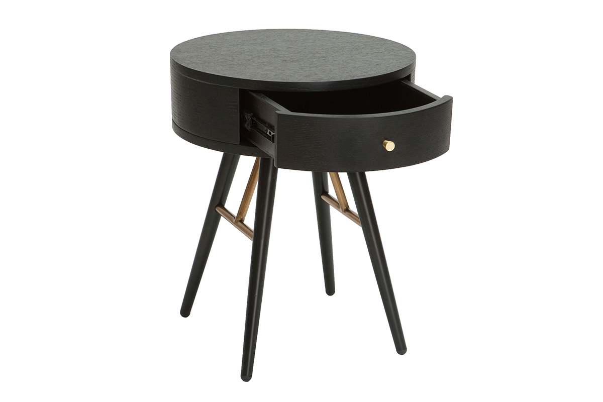 Table de chevet ronde avec tiroir bois et m�tal noir KORAL