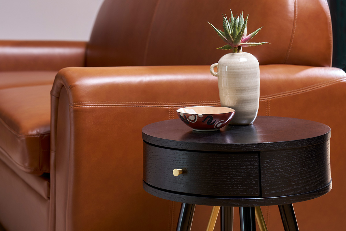 Table de chevet ronde avec tiroir bois et m�tal noir KORAL