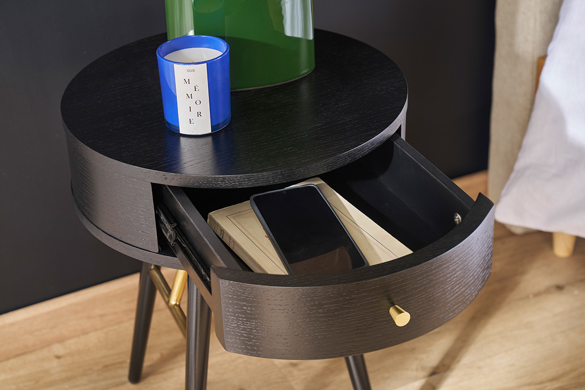 Table de chevet ronde avec tiroir bois et m�tal noir KORAL