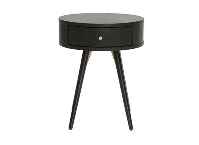 Table de chevet ronde avec tiroir bois et m&eacute;tal noir KORAL