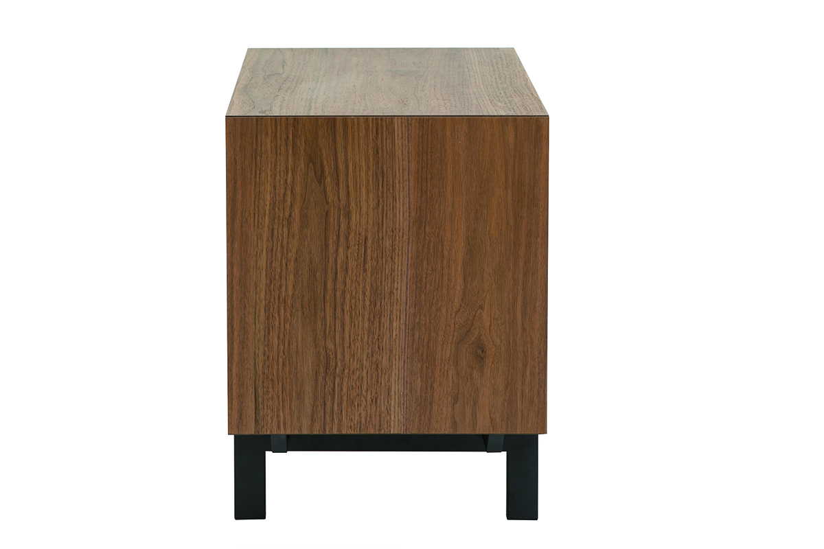 Table de chevet en bois noyer, vue de c�t�, pieds en m�tal noir.