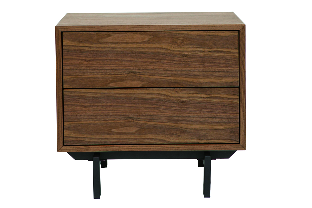 Table de chevet vintage en bois fonc� noyer avec deux tiroirs, vue de face.