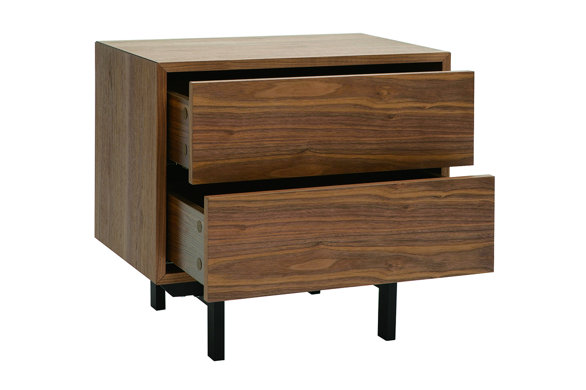Table de chevet vintage en bois fonc� avec deux tiroirs ouverts et pieds en m�tal noir, vue de 3/4.