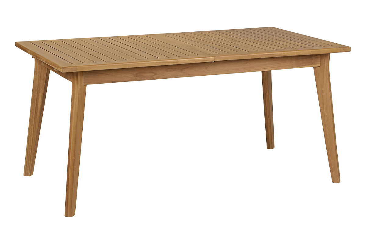 Table de jardin extensible en bois teck massif, vue de 3/4, dimensions L160-210 cm