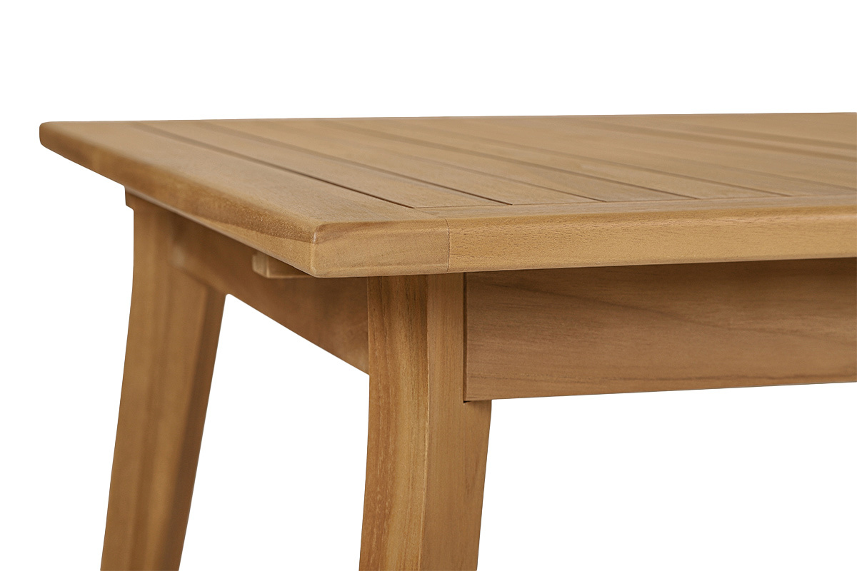 Table de jardin extensible en bois teck massif vue de profil, surface lisse et angles arrondis.