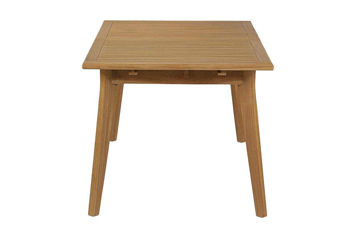 Table de jardin extensible en bois teck massif vue de profil, dimensions L160-210 x P90 x H75 cm