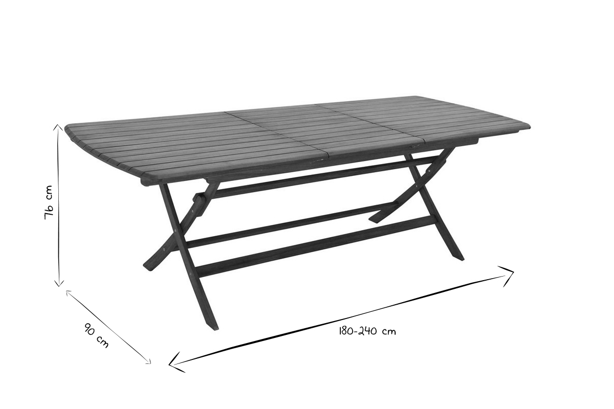Dimensions de la table de jardin extensible en noir et blanc : 180-240 cm x 90 cm x 76 cm.