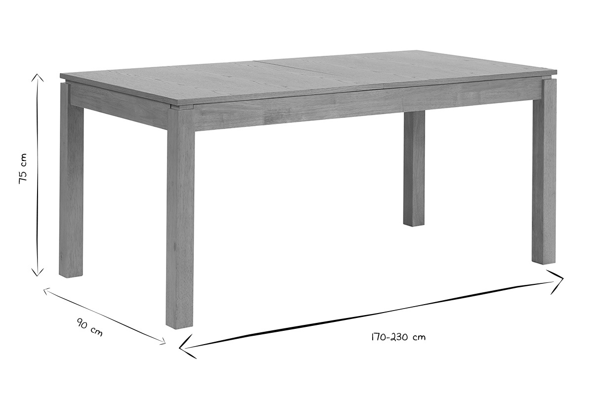 Dimensions de la table extensible SYLVA L170-230 cm en noir et blanc, longueur 170-230 cm, largeur 90 cm, hauteur 75 cm.