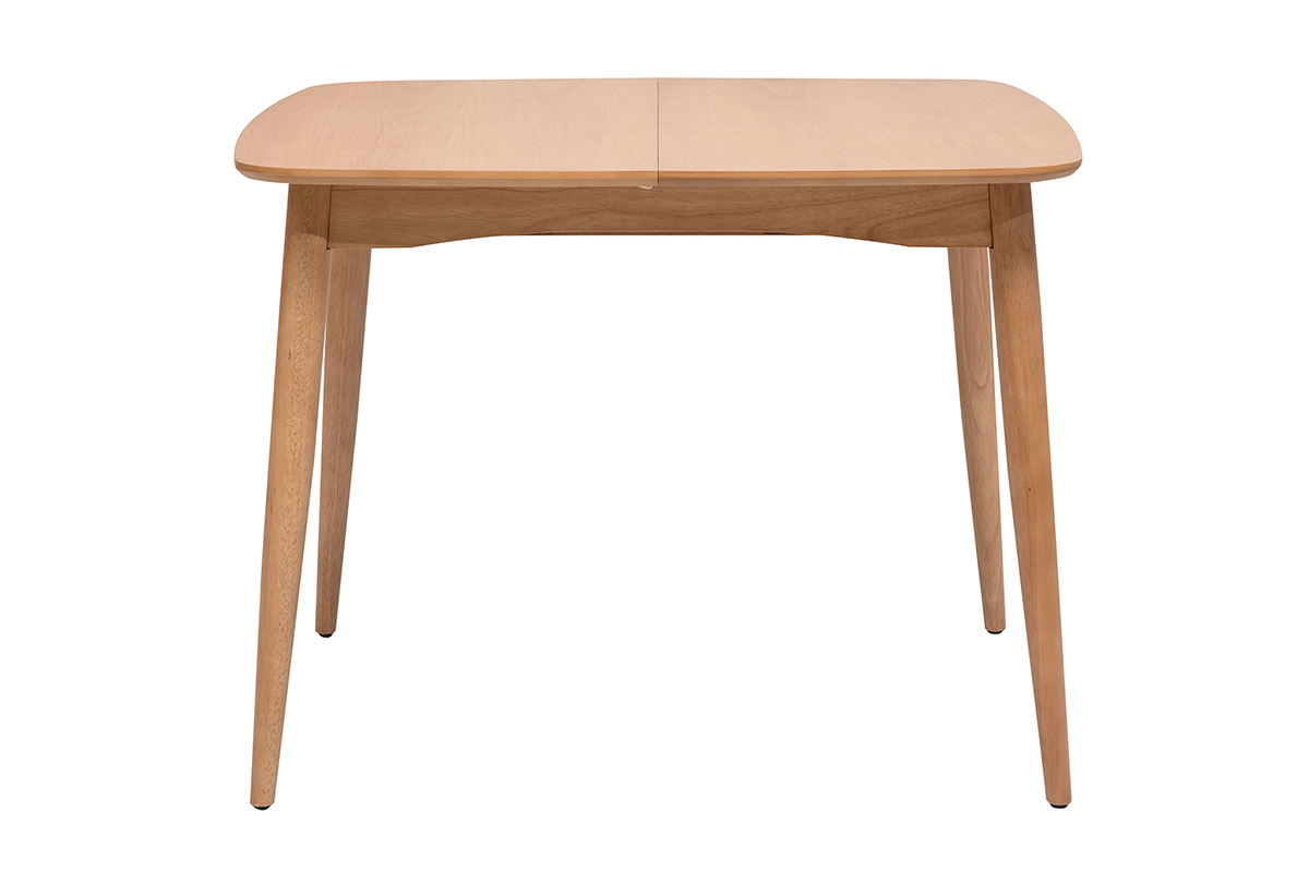 Table extensible carr�e en bois clair ch�ne, vue de face, dimensions L100-140 cm.