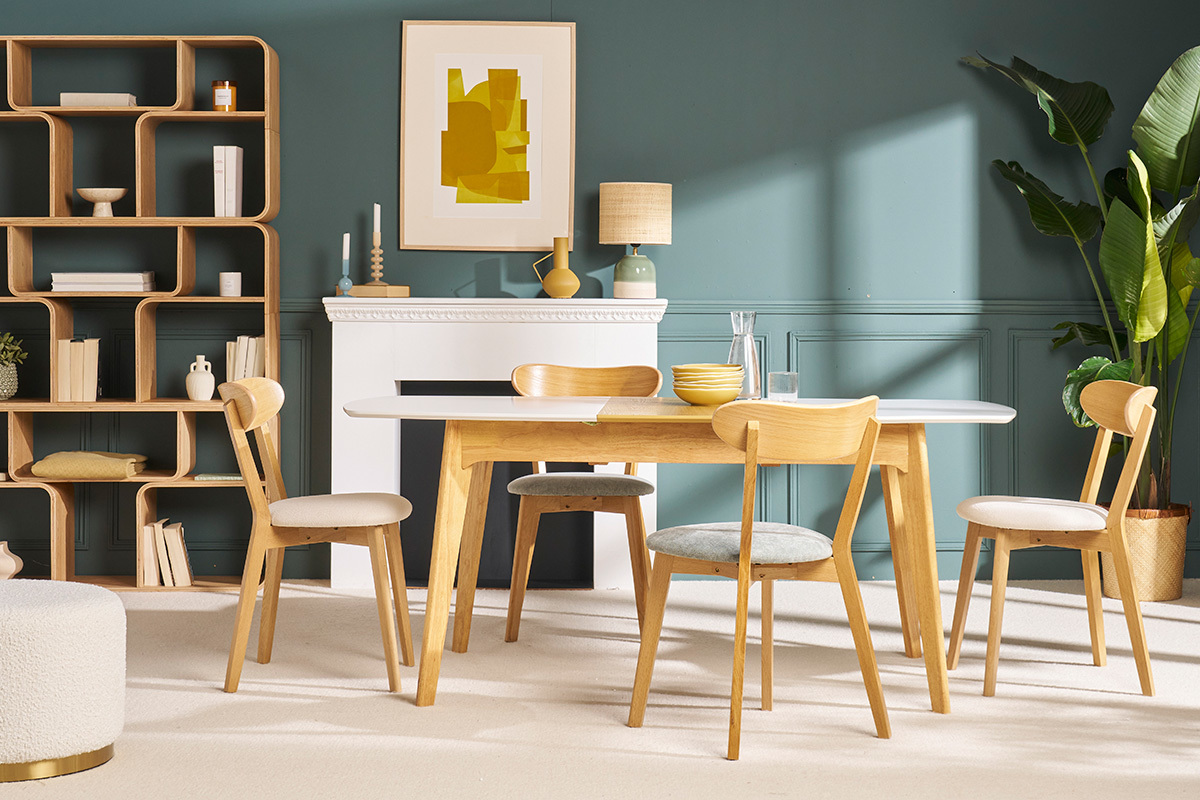 Table extensible rallonges int�gr�es rectangulaire blanc et bois L140-180 cm MEENA