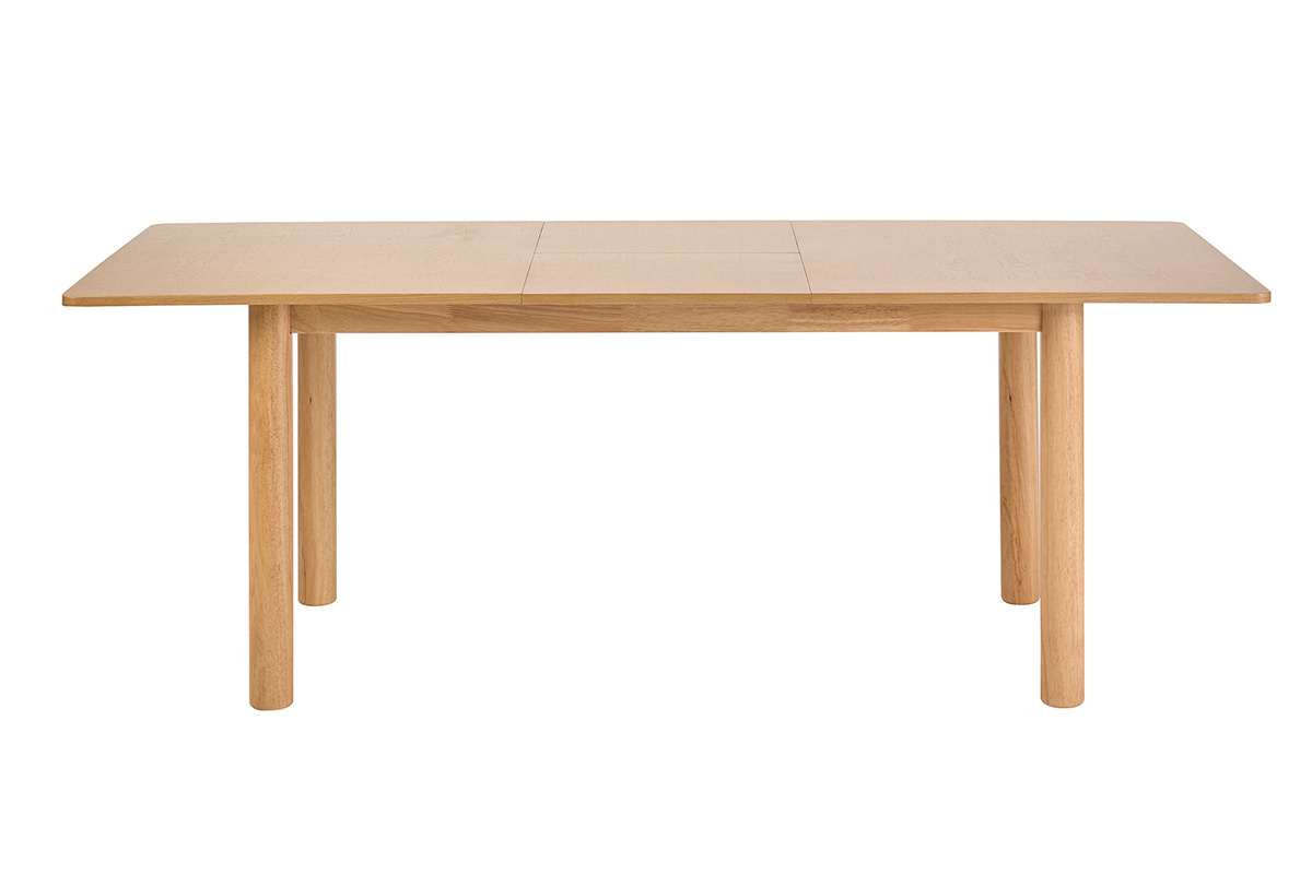 Table � manger extensible rectangulaire en bois clair, vue de face, dimensions L160-210 cm.