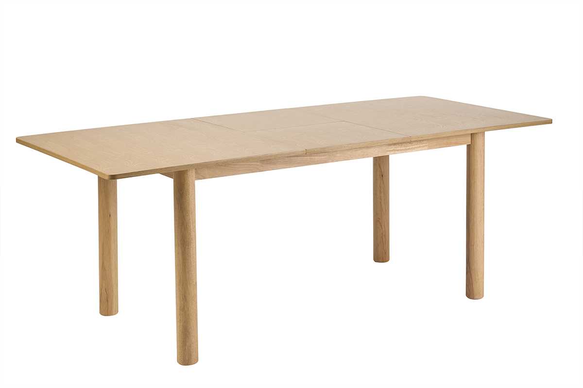 Table � manger extensible rectangulaire bois clair fr�ne, vue de trois-quarts.