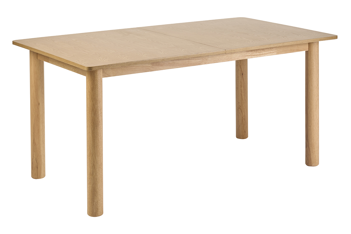 Table � manger extensible rectangulaire en bois clair, vue de 3/4, dimensions L160-210 cm.