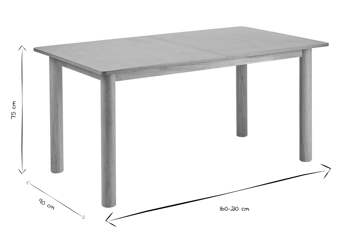 Dimensions de la table � manger extensible en noir et blanc, L160-210 x l90 x h75 cm.