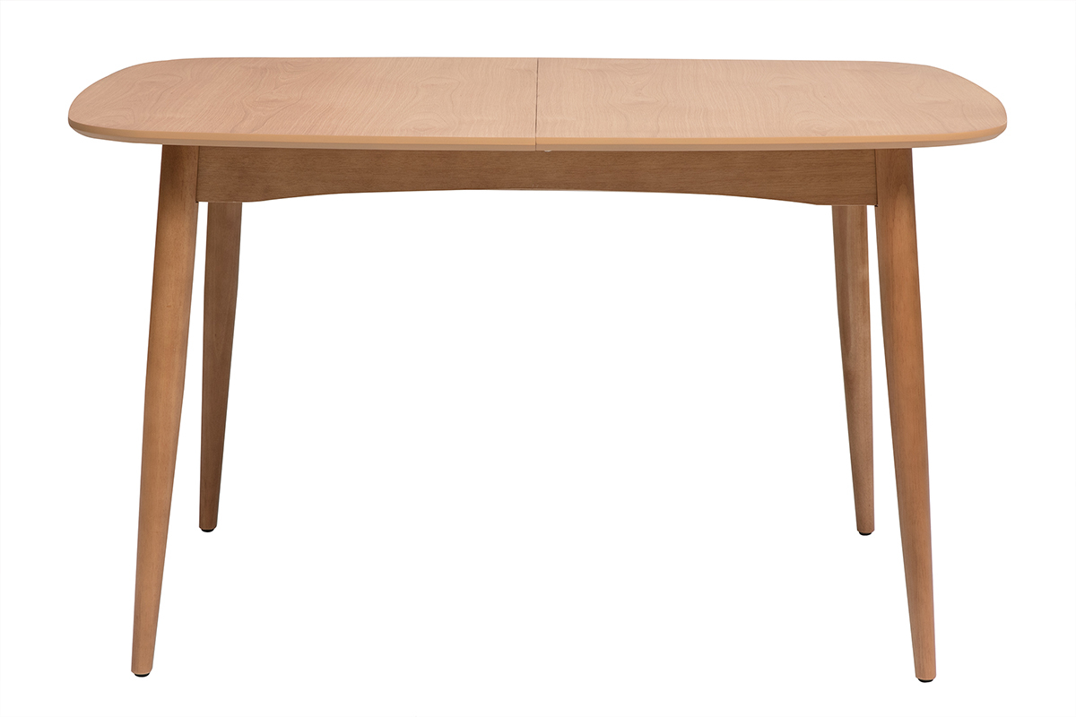 Table � manger extensible en bois clair ch�ne vue de face, pieds �vas�s.