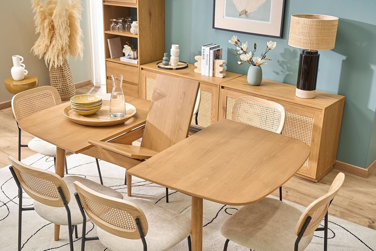 Table extensible rallonges int�gr�es rectangulaire en bois clair ch�ne L130-160 cm HELMA