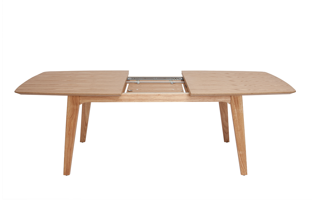 Table extensible en bois clair avec rallonges int�gr�es, vue de face, plateaux ouverts.