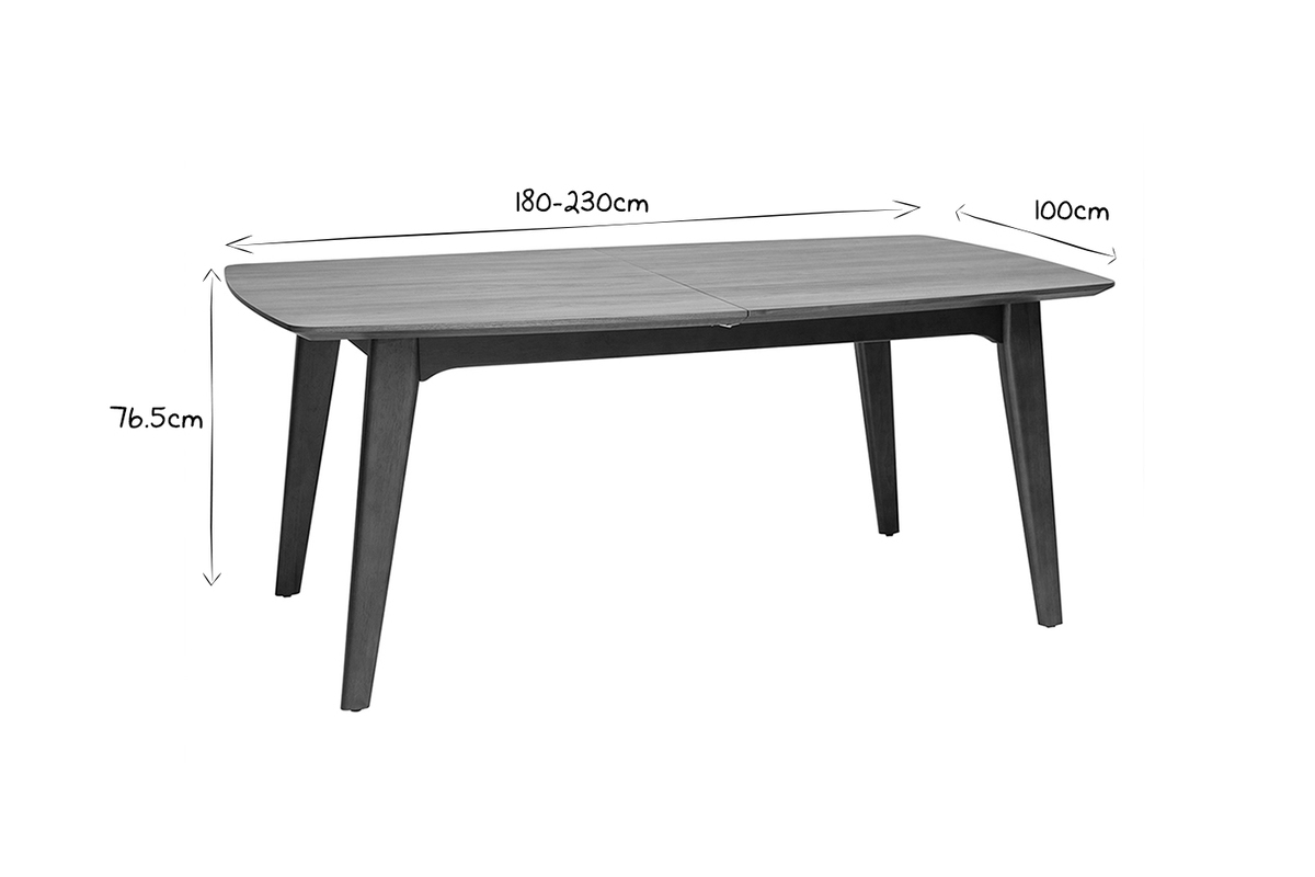 Table extensible rectangulaire noir et blanc, dimensions 180-230cm x 100cm x 76.5cm, vue de c�t�.