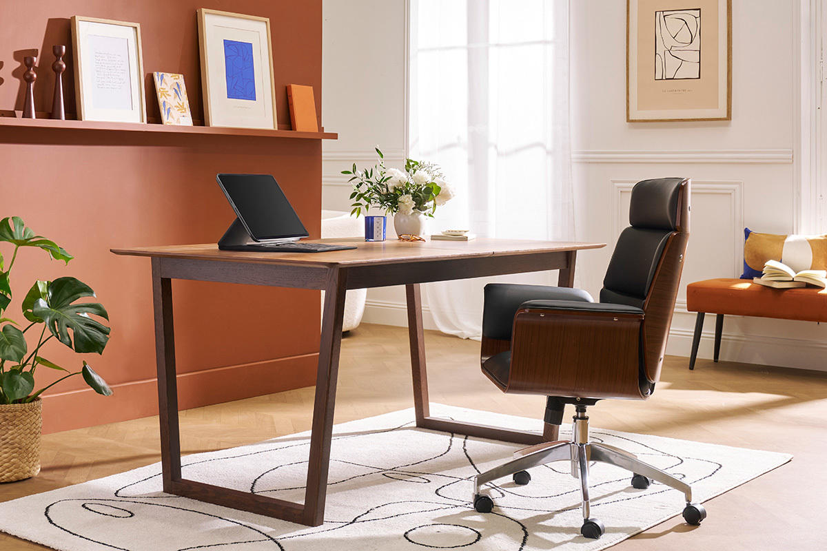 Table extensible rallonges int�gr�es rectangulaire en bois fonc� noyer L160-240 cm LAHO